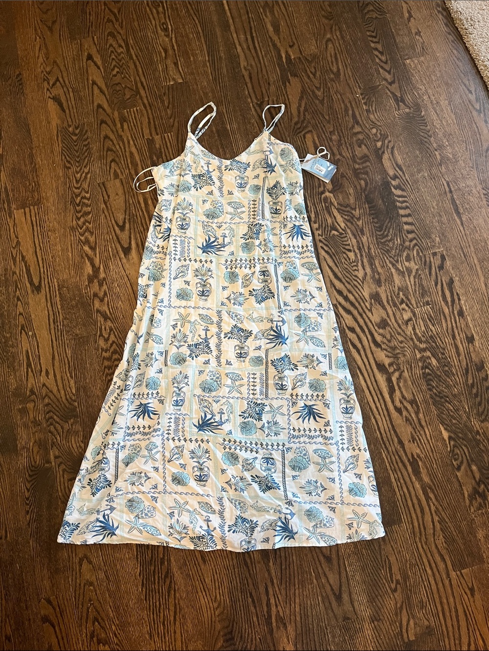 Japna Cream Maxi Slip Dress with Light Blue Floral Tiles